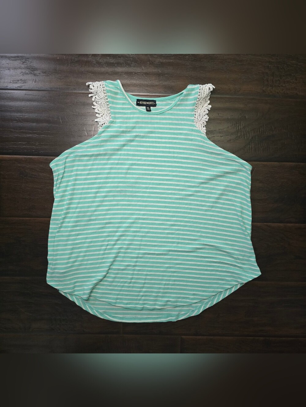 Inspired Hearts Womens Green Striped Ruffle Lace Trim High Neck Tank Top XL